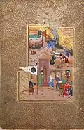 A folio from "Funeral Procession", Folio 35r from a Mantiq al-tair (Language of the Birds), Calligrapher: Sultan 'Ali al-Mashhadi, Author: Farid al-Din `Attar; 1487, watercolor, ink, gold and silver leaf on paper.