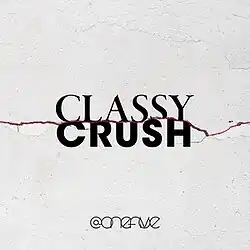A pale gray background with a horizontal crack highlighted in pink, the words "CLASSY CRUSH" in the center, and the @onefive logo at the bottom
