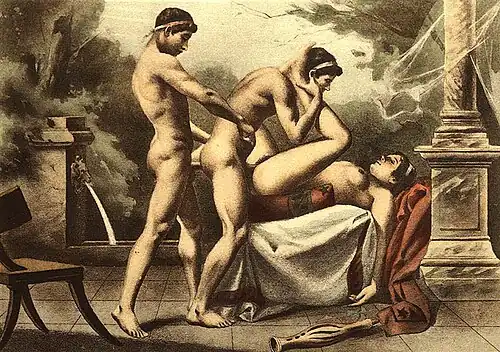 Illustration of a threesome between two men and a woman (Plate XVIII)