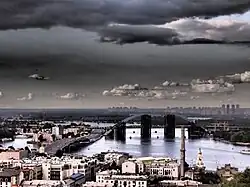 Panorama view of the bridge in 2012, pictured from the Arch of Freedom of the Ukrainian People