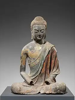 Sculpture probably of Amitābha; early 7th century; hollow dry lacquer with traces of gilt and polychrome pigment and gilding; height: 96.5&nbsp;cm, width: 68.6&nbsp;cm, depth: 57.1&nbsp;cm; Metropolitan Museum of Art