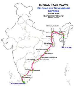 Silchar–Trivandrum Express route map