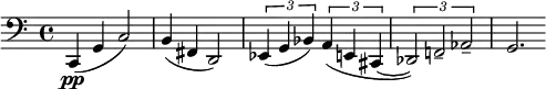 \relative c { \clef bass \time 4/4 c,4(\pp g' c2) | b4( fis d2) | \times 2/3 { ees4( g bes) } \times 2/3 { a( e cis~ } | \times 2/3 { des2) f!-- aes-- } | g2. }