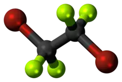 Ball-and-stick model of the dibromotetrafluoroethane molecule
