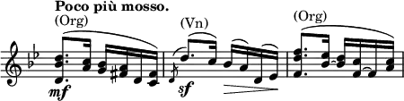 
\relative c' \new Staff \with { \remove "Time_signature_engraver" } {
 \key bes \major \time 2/4 \tempo "Poco più mosso."
  <<
   {
    <d' bes d,>8.\mf ^\markup (Org) ( <c a>16 <bes g> <a fis> d, <fis c>) s2
    <f' d f,>8. ^\markup (Org) ( <es bes~>16 <d bes> <c f,~> f, <a c>)
   }
   \\
   { s2 \voiceOne \acciaccatura d,8 d'8.\sf ^\markup (Vn) ( c16) bes\>( a) d,( es\!) s2 }
  >>
}

