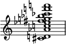 {
\override Score.TimeSignature #'stencil = ##f
\relative c' {
\clef treble \time 4/4
<cis d! aes' c! es fis g! bes ces f! a!>1
} }