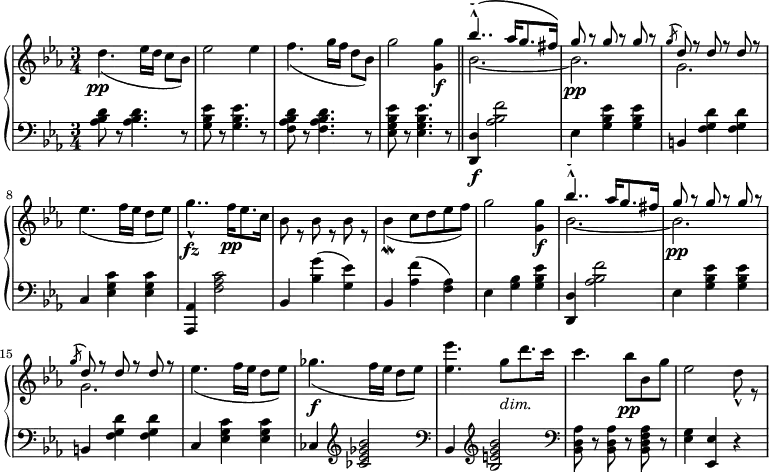 
 \relative d' {
  \new PianoStaff <<
   \new Staff { \key c \minor \time 3/4 
    <<
   {
     s4. s16 s s8 s s2 s4 s4. s16 s s8 s s2 s4\(( \bar "||" bes''4..-^) aes16[ g8. fis16]\) g8 r g r g r \slashedGrace g( d) r d r d r s4. s16 s s8 s s4.. s16 s8. s16 s8 s s s s s s4 s8 s s s s2 s4( bes'4..-^) aes16[ g8. fis16] g8 r g r g r \slashedGrace g( d) r d r d r s4. s16 s s8 s s4..
   }
    \\
   {
     d4. (ees16[ d] c8[ bes]) ees2 ees4 f4. (g16[ f] d8[ bes]) g'2 <g g,>4\f bes,2.~ bes2.\pp g2. ees'4.( f16[ ees] d8[ ees)] g4..-^\fz f16\pp[ ees8. c16] bes8 r bes r bes r bes4\mordent( c8[ d ees f)] g2 <g g,>4\f bes,2.~ bes2.\pp g2. ees'4.( f16[ ees] d8[ ees)] ges4.\f( f16[ ees] d8[ ees)] <ees ees'>4. g8_\markup { \italic dim. }[ d'8. c16] c4. bes8\pp bes, g' ees2 d8-^ r
   }
    >>
   }
   \new Dynamics {
    s\pp
      }
   \new Staff { \key c \minor \time 3/4 \clef bass
      <aes, bes d>8 r <aes bes d>4. r8 <g bes ees>8 r8 <g bes ees>4. r8 <f aes bes d>8 r <f aes bes d>4. r8 <ees g bes ees>8 r <ees g bes ees>4. r8 <d d,>4\f <aes' bes f'>2 ees4 <g bes ees> <g bes ees> b, <f' g d'> <f g d'> c <ees g c> <ees g c> <aes, aes,> <f' aes c>2 bes,4 <bes' g'>( <g ees'>) bes,4 <aes' f'>( <f aes>) ees <g bes> <g bes ees> <d d,> <aes' bes f'>2 ees4 <g bes ees> <g bes ees> b, <f' g d'> <f g d'> c <ees g c> <ees g c> ces \clef treble <ces' ees ges bes>2 \clef bass bes,4 \clef treble <bes' e g bes>2 \clef bass <bes, d aes'>8 r <bes d aes'>8 r <bes d f aes>8 r <ees g>4 <ees ees,> r
   }
  >>
 }
