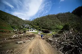 Returning home with water and food provided by FEMA on Oct. 17, 2017