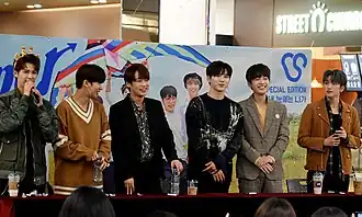 Snuper at an autograph event at Lotte Mall in Gimpo, October 2018. Left to right: Taewoong, Suhyun, Sangil, Woosung, Sangho, and Sebin