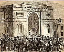 Image 35A woodcut illustration of the crowd at the first Republican National Convention in 1856 at Musical Fund Hall at 808 Locust Street in Philadelphia (from History of Pennsylvania)