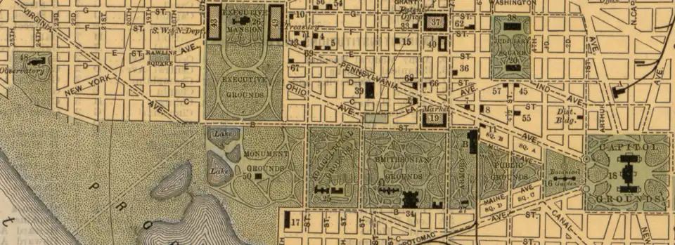 Image 112Map of the Mall in 1893 showing the Monument Grounds (with the Washington Monument), Agricultural Grounds (with the Dept. of Agriculture), Smithsonian Grounds (with the Castle and Arts and Industries museum), Armory Square, Public Grounds and Botanical Garden, as well as parts of the recently created "Tidal Reservoir" and "Proposed Park" (from National Mall)
