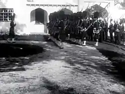 Soldiers from the 2nd Battalion, The Queen's (Royal West Surrey) Regiment, based in Bermuda, playing the role of Scottish Highland infantry in the 1912 film "The Relief of Lucknow" (at Walsingham House, today housing the "Tom Moore's Restaurant")