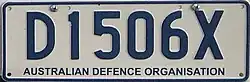 Registration plate with number D1506X above the text Australian Defence Organisation