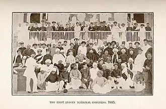 The first session of the Indian National Congress in 1885. A. O. Hume, the founder, is shown in the middle (third row from the front). The Congress was the first modern nationalist movement to emerge in the British Empire in Asia and Africa.