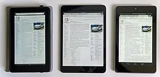 The Kindle Fire (left) compared with the iPad Mini (center) and the Nexus 7 (2012 version) (right)