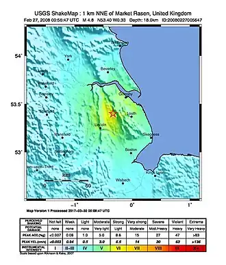 Map showing epicentre (star) and shaking intensity