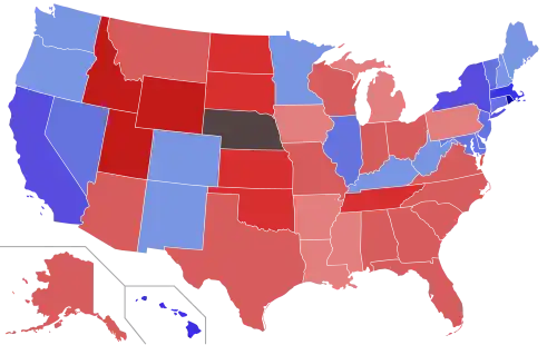 Lower house seats by party holding majority in each state Republican&nbsp;&nbsp;50–60%&nbsp;&nbsp;60–70%&nbsp;&nbsp;70–80%&nbsp;&nbsp;80–90%&nbsp;&nbsp;90–100% Democratic&nbsp;&nbsp;50–60%&nbsp;&nbsp;60–70%&nbsp;&nbsp;70–80%&nbsp;&nbsp;80–90%&nbsp;&nbsp;90–100%