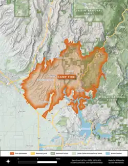 The footprint of the Camp Fire, which burned from the Feather River Canyon to Highway 99