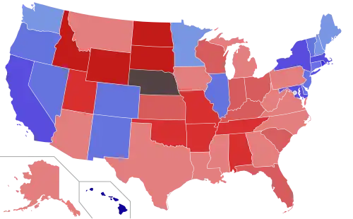 Lower house seats by party holding majority in each state Republican&nbsp;&nbsp;50–60%&nbsp;&nbsp;60–70%&nbsp;&nbsp;70–80%&nbsp;&nbsp;80–90%&nbsp;&nbsp;90–100% Democratic&nbsp;&nbsp;50–60%&nbsp;&nbsp;60–70%&nbsp;&nbsp;70–80%&nbsp;&nbsp;80–90%&nbsp;&nbsp;90–100%