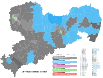 2019 Saxony state election, Black is CDU, AfD is Blue, Green is A90/Green, Pink is Left