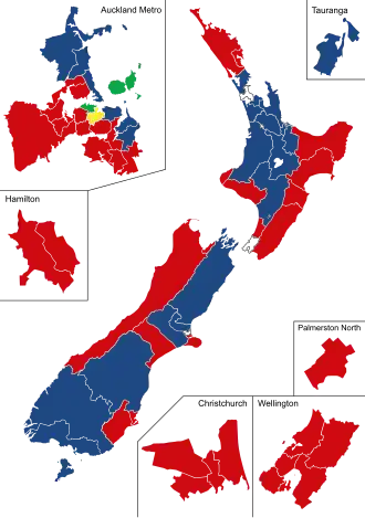 Map of New Zealand with divisions for the general electorates, displayed in different colours for political parties.