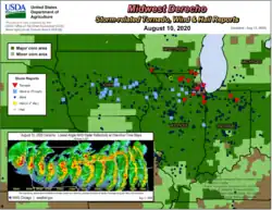 Map of Iowa, Illinois, and Indiana showing storm reports of high winds, tornadoes, and hail overlaid high and low corn production area maps from the USDA.