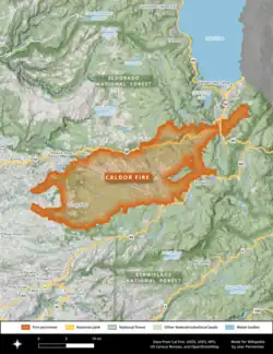 A map of the Caldor Fire shows it burned southwest of Lake Tahoe, primarily in the Eldorado National Forest, south of Highway 50 and north of Highway 88