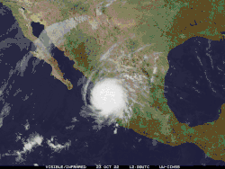 A looped series of satellite photos of Hurricane Roslyn making landfall in Nayarit and then rapidly weakening inland on October 23, 2022.