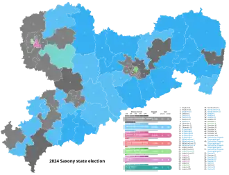 2024 Saxony state election, AfD is Blue, Black is CDU, Green is A90/Green, Pink is Left