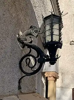 Wrought iron lantern of the Richard Franasovici House (Strada Pitar Moș no. 20), Bucharest, by Alexandru Zaharia, 1936[102]