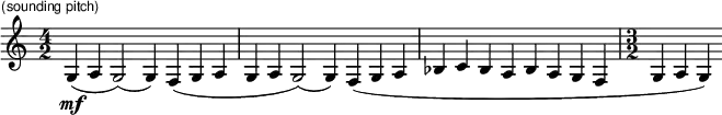 
\language "english"

{ 
  \set Staff.midiInstrument=#"french horn"
   \time 4/2
     \set Score.tempoHideNote = ##t
      \tempo 4 = 118
       \mf^\markup { \hspace #-8.5 \abs-fontsize #9 \sans "(sounding pitch)" } 
      g4( a4 g2)( g4) f4( g4 a4     % 1
      g4 a4 g2)( g4) f4( g4 a4      % 2
      bf4 c'4 bf4 a4 bf4 a4 g4 f4   % 3
        \time 3/2
      g4 a4 g4)                     % 4
}

