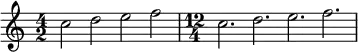 
{
\time 4/2
c''2 d'' e'' f'' |
\time 12/4
c''2. d'' e'' f''
}
