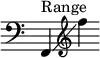 
{ \override Score.TimeSignature #'stencil = ##f
  \relative c'' { \clef bass \key c \major f,,,4^\markup { "Range" }\glissando \clef treble f''' }
}