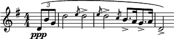  \relative c' { \set Score.tempoHideNote = ##t \tempo 4 = 88 \set Staff.midiInstrument = #"clarinet" \clef treble \key g \major \numericTimeSignature \time 4/4 \partial 4*1 \times 2/3 { d8(\ppp b' g } | d'2 \slashedGrace { e8 } d2-> | \slashedGrace { e8 } d2-> \slashedGrace { c8 } b8.->[ a16 g8.-> a16] | d,2->) } 