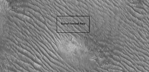 Close-up of a mound and ridges, as seen by HiRISE under HiWish program.