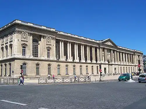 East wing of the Louvre (constructed 1667–1674),[34]: 48  one of the most influential neoclassical façades ever built in Europe, as it appeared in 2009