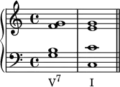 \new PianoStaff <<
\new Staff <<
\relative c' {
\voiceOne \clef treble \key c \major \time 4/4
<f g>1 <e g>
}
>>
\new Staff <<
\new Voice \relative c' {
\clef bass \key c \major \time 4/4
<g b>_\markup { \concat { "V" \raise #1 \small "7" \hspace #6 "I" } } <c, c'> \bar "||"
}
>>
>>