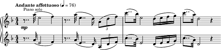 
{   \new PianoStaff << \new Staff \relative a'' {
    \clef "treble" \numericTimeSignature\time 4/4 \key d \minor | % 1
    \tempo "Andante affettuoso" 4=76 r8.. _\mp ^\markup{ \small {Piano
            solo} } \stemDown a32 ( \stemDown e2 \stemDown f4 ) | % 2
    r8.. \stemDown a32 ( \stemDown e4.. \stemDown d16 ) \times 2/3 {
        \stemDown a8 ( [ \stemDown d8 \stemDown f8 ) ] }
    | % 3
    \stemDown c'8.. ( [ \stemDown bes32 ) ] \stemDown e,2 \stemDown d16
    ( [ \stemDown e16 \stemDown f16 \stemDown g16 ) ] | % 4
    \stemDown c8.. ( [ \stemDown a32 ) ] \stemDown d,2 r4 \bar ""
    }
    \new Staff \relative a' {
    \clef "treble" \numericTimeSignature\time 4/4 \key d \minor | % 1
    r8.. \stemUp a32 ( \stemUp e2 \stemUp f4 ) | % 2
    r8.. \stemUp a32 ( \stemUp e4.. \stemUp d16 ) \times 2/3 {
        \stemUp a8 ( [ \stemUp d8 \stemUp f8 ) ] }
    | % 3
    \stemDown c'8.. ( [ \stemDown bes32 ) ] \stemUp e,2 \stemUp d16 ( [
    \stemUp e16 \stemUp f16 \stemUp g16 ) ] | % 4
    \stemDown c8.. ( [ \stemDown a32 ) ] \stemUp d,2 r4 \bar ""
    } >> }
    