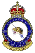Royal Australian Air Force crest depicting a jaguar's head couped, pierced by a rapier in hand; the jaguar's head symbolises 'death and destruction wrought by the enemy'; the rapier symbolises 'offensive action taken by the squadron'; the motto beneath reads "Harass" based on the squadron's nickname 'The Desert Harassers'
