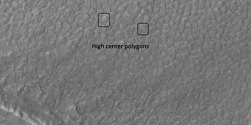 High center polygons, as seen by HiRISE under HiWish program Boxes surround two individual polygons.