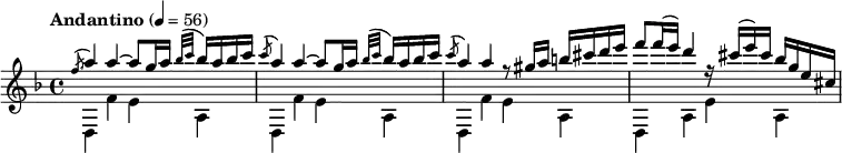 
\relative c' \new Staff {
\key d \minor \clef treble \tempo "Andantino" 4 = 56
  \set Staff.midiInstrument = "guitar"
  \time 4/4
<<
\new Voice = "melody"
{\voiceOne \acciaccatura f'8\glissando a4 a ~ a8 g16 a \grace {(bes32 c} bes16) a bes c   \acciaccatura c8 a4 a ~ a8 g16 a \grace {(bes32 c} bes16) a bes c \acciaccatura c8 a4 a r8 gis16 a b cis d e f8 f16 (e) d4 r16 cis (e) cis bes g e cis}
\new Voice = "bass"
{\voiceTwo d,,4 f' e a, d,4 f' e a, d,4 f' e a, d,4 a' e' a,} 
>>
}
