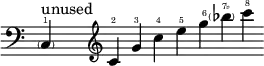  {
    \new Staff \with { \remove "Time_signature_engraver" }
    \clef bass \key c \major \cadenzaOn
    \parenthesize c4 \finger \markup \text "1" ^ \markup "unused" 
    \once \hide r1
    \clef treble
    c'4   \finger \markup \text "2"
    g'    \finger \markup \text "3"
    c''   \finger \markup \text "4"
    e''   \finger \markup \text "5"
    g''   \finger \markup \text "6"
    \parenthesize bes'' \finger \markup \text "7♭"
    c'''  \finger \markup \text "8"
    \break
  } 