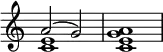 
{
    \override Score.TimeSignature #'stencil = ##f
    \new Staff <<
    \new Voice \relative c'' {
        \time 4/4
        \voiceOne a2( g)
    }
    \new Voice \relative c' {
        \time 4/4
        \voiceTwo <c e>1 <c e g a>
    }
>>
}
