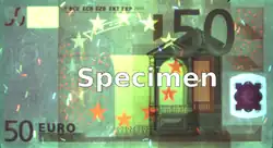 Recto at 350&nbsp;nm The foil of the kinegram (bottom right) and colored fibres show up