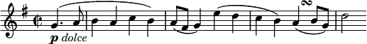 
\relative g' {
  \key g \major \time 2/2
  \partial 2 g4.( _\markup{ \musicglyph #"p" \italic "dolce" } a8
  b4 a c b)
  a8( fis g4) e'( d
  c4 b) a( -\tweak X-offset #2.8 \turn b8 g)
  d'2
} 