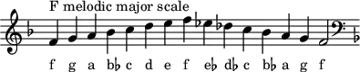 \header { tagline = ##f }
scale = \relative f' { \key f \major \omit Score.TimeSignature
f^"F melodic major scale" g a bes c d e f es des c bes a g f2 \clef F \key f \major }
\score { { << \cadenzaOn \scale \context NoteNames \scale >> } \layout { } \midi { } }