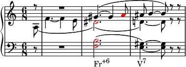 {
\new PianoStaff <<
\new Staff <<
\new Voice \relative c'' {
\clef treble \key a \minor \time 6/8
\voiceOne \partial8 r8 R2. gis4.(~ gis4 \once \override NoteHead.color = #red a8 ais8 b4~ b8) r r
}
\new Voice \relative c' {
\voiceTwo \partial8 a( f'4.~ f4 e8 \once \override NoteHead.color = #red dis2.)( d!4.)~ d8 r r
}
>>
\new Staff <<
\relative c {
\clef bass \key a \minor \time 6/8
\partial8 r8 R2. \once \override NoteHead.color = #red <f b>2.(_\markup { \concat { "Fr" \raise #1 \small "+6" \hspace #8 "V" \raise #1 \small "7" } } <e gis>4.)~ <e gis>8 r r
}
>>
>> }