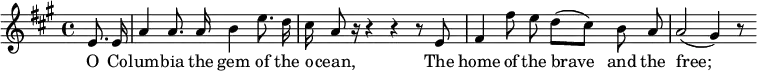 
  \new Staff {
    <<
      \new Voice = "one" \relative c' {
        \autoBeamOff
        \clef treble
        \key a \major
        \time 4/4

        \partial 8*2 e8. e16 |
        a4 a8. a16 b4 e8. d16 | cis16 a8 r16 r4 r r8 e8 |
        fis4 fis'8 e d([ cis]) b a | a2( gis4) r8
      }
      \new Lyrics \lyricsto "one" {
        O Co -- lum -- bia the gem of the o -- cean,
        The home of the brave__ and the free;__
      }
    >>
  }
