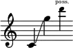 {
\new Staff \with { \remove "Time_signature_engraver" }
\clef treble \key c \major \cadenzaOn
c' \glissando g''
\tweak font-size #-2 d''' \finger \markup \text "poss."
}