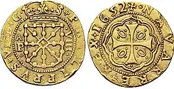 Photograph of both sides of the gold coin. On the left, the chains of the coat of arms of Navarre, the Pamplona mint mark ·AP·, ·VIII·. Around the edge the text 'PHILIPPVS·VI·D·G·'. On the right, a decorated cross of equal arms. Around the edge the text '·NAVARRE·REX·1652✠'. The edge and the texts are worn off on both sides.